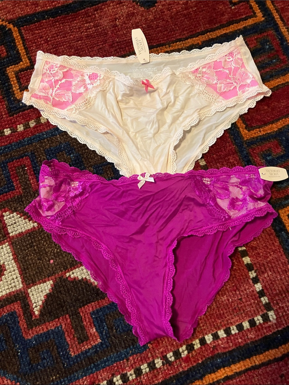 Victoria's Secret Cream & Fuchsia Lace Bikini Panty Duo Lot size large